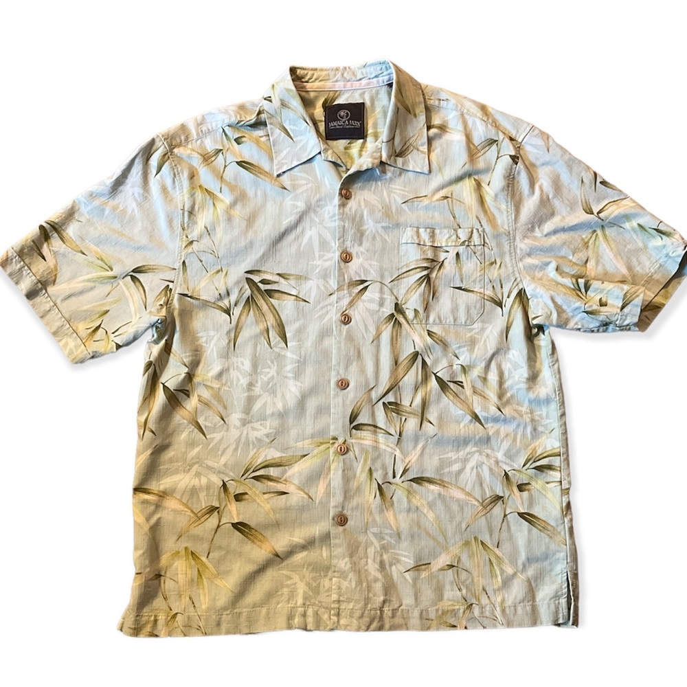 Mens Vintage Jamaica Jaxx Bamboo Allover Print Silk Hawaiian Camp Shirt